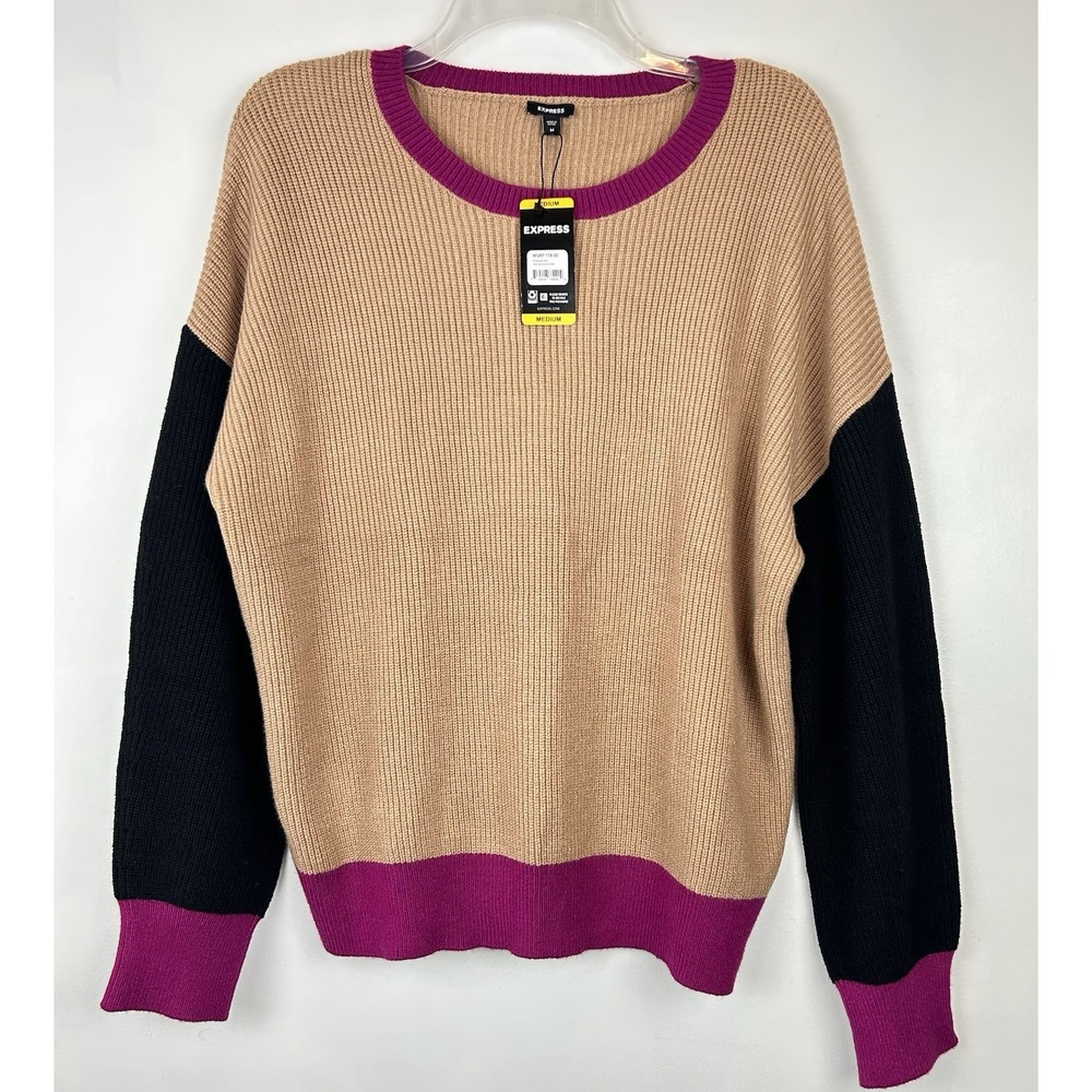 Express Sweater Women M Colorblock Ribbed New Beige Fuchsia New Y2K Look